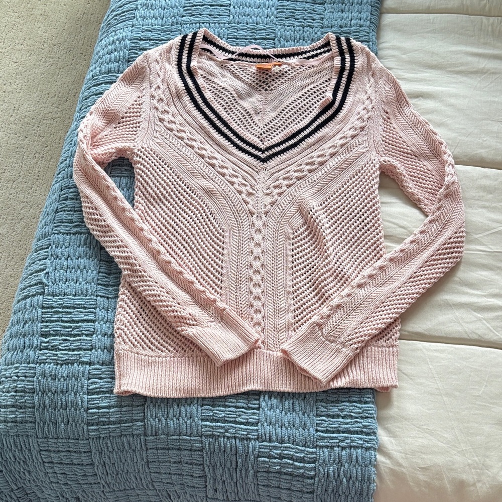Tory Burch Light Pink V-Neck Sweater with Black Trim